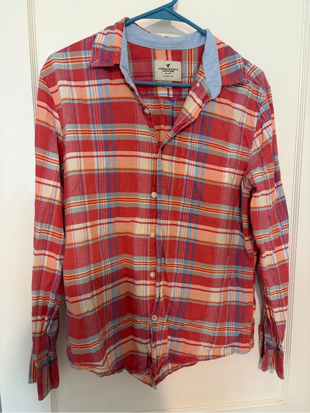 American Eagle Outfitters Plaid Button-Down Shirt with Blue Trim